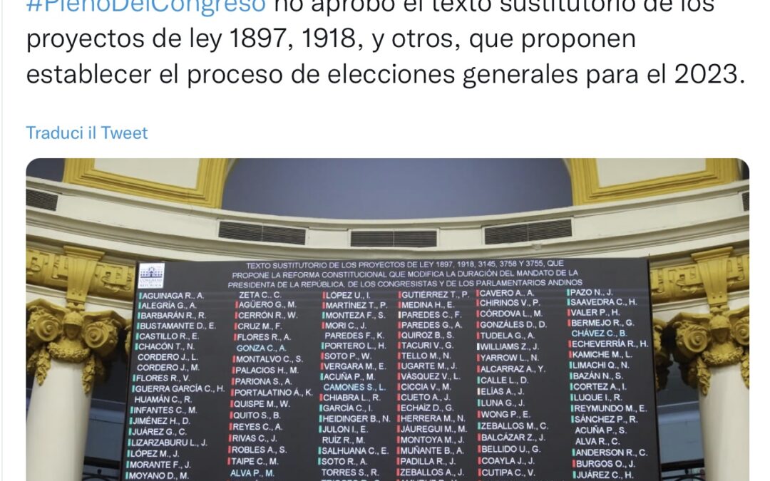Il parlamento peruviano boccia l’anticipo delle elezioni al 2023